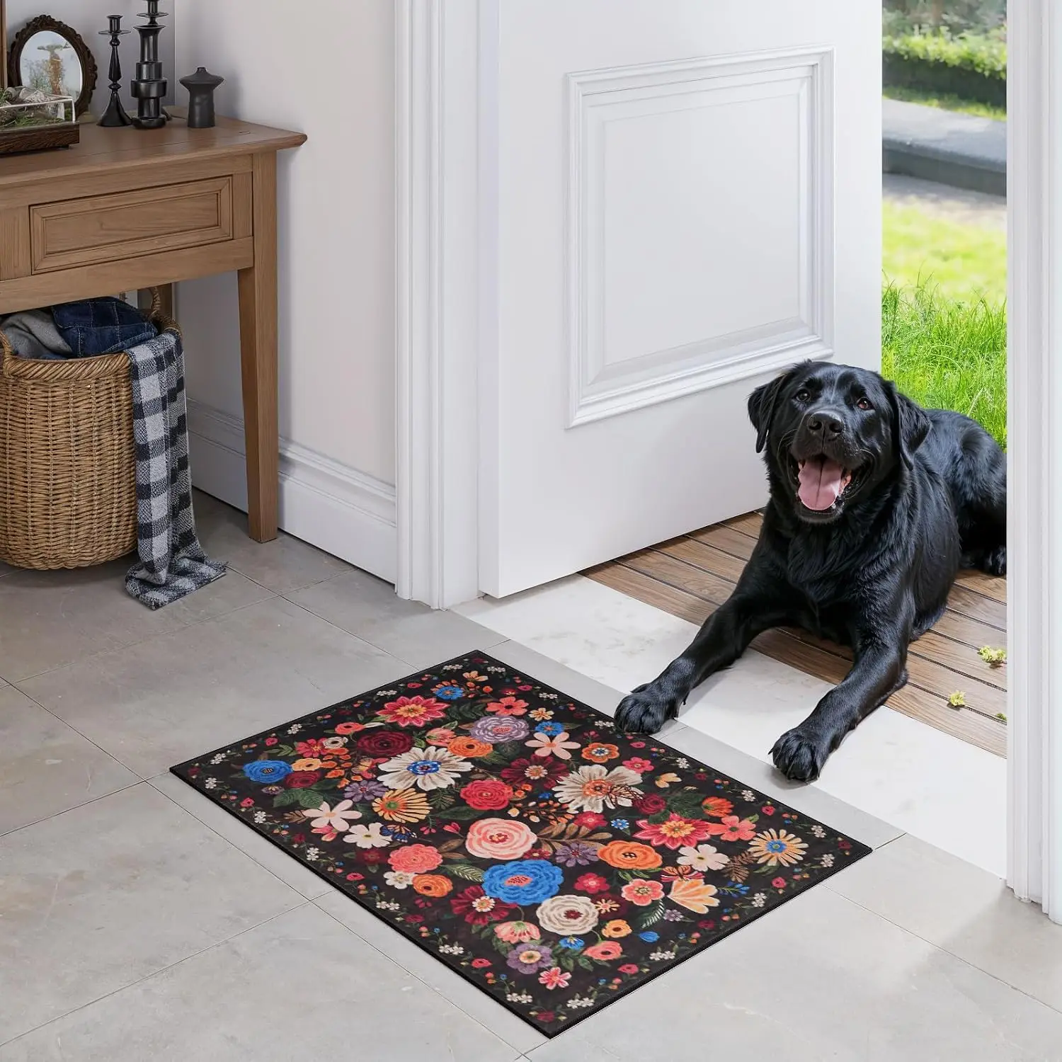 Black Floral Washable Welcome Doormat Modern Print Entry Mat Home Decoration Front Door Rug Patio Corridor Living Sofa Side