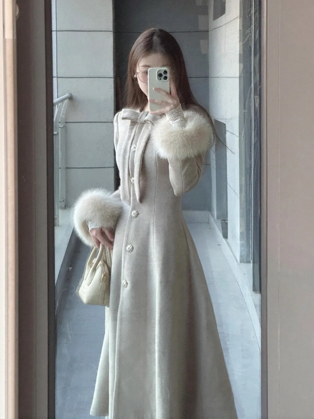 معطف المرأة الفرنسية مزاجه نمط طويل الخصر Cinched الفراء كم معطف الخريف الشتاء جديد بلون الراقية معطف الصوف #3