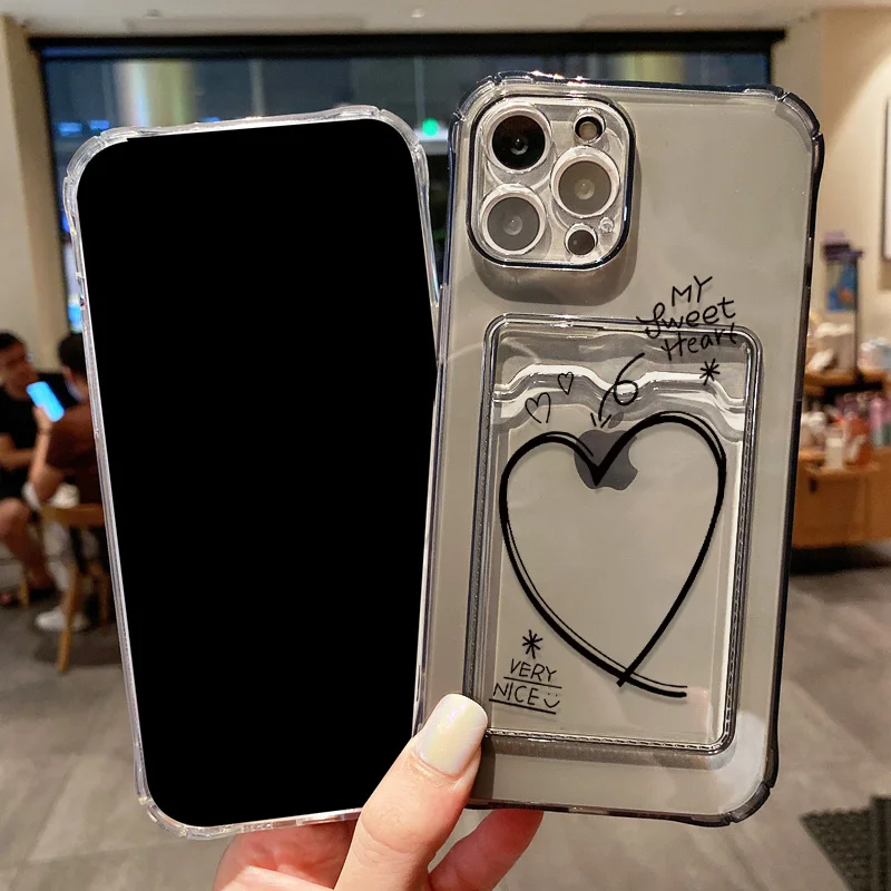 Love Heart Card Holder Phone Case For iPhone 14 Pro Max Case iPhone 11 15 13 12 Pro Max XR XS X 7 8 SE Photo Pocket Wallet Cover
