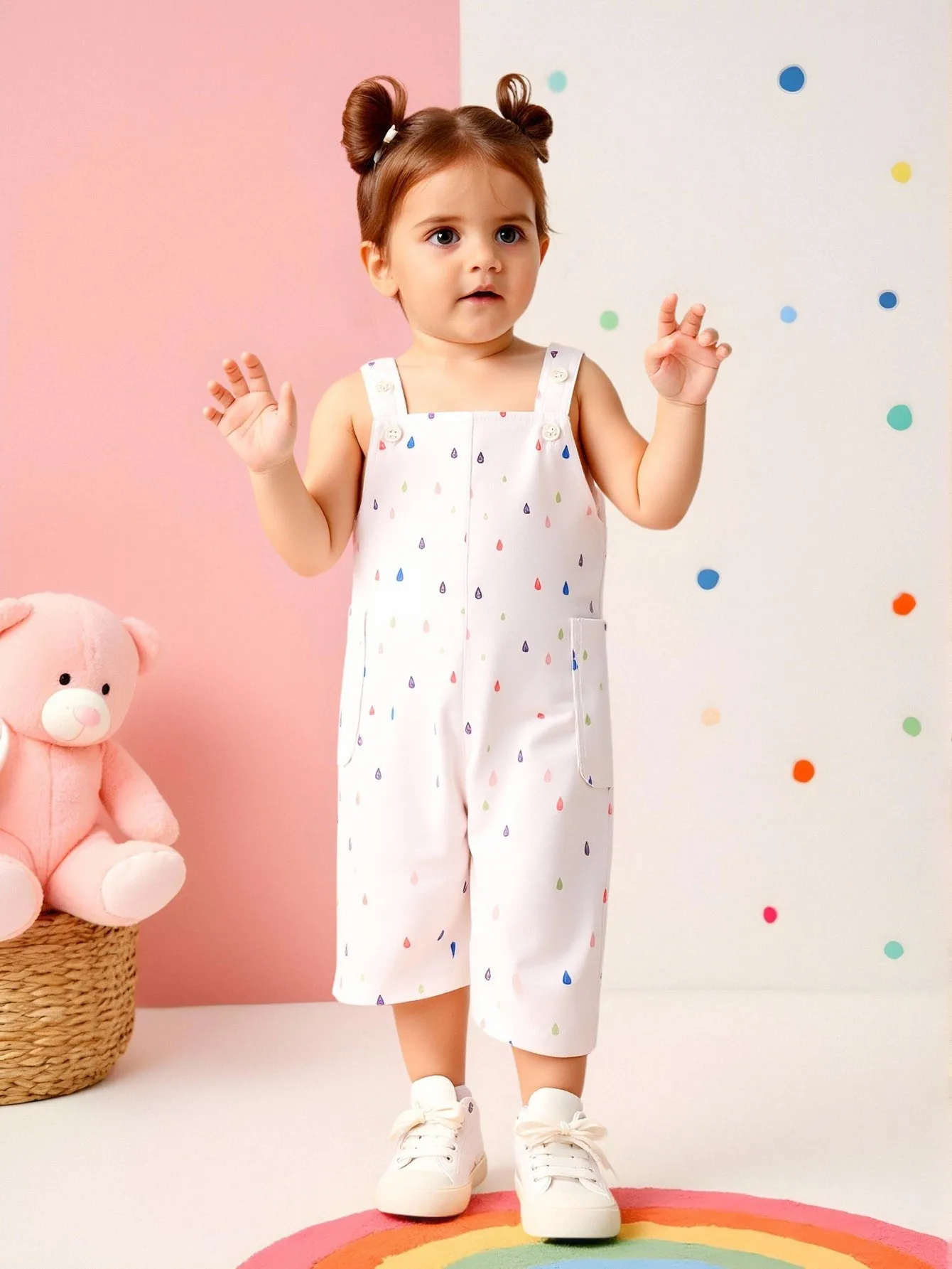 Casual and cute baby girl pants with random prints and pockets, for spring and summer.