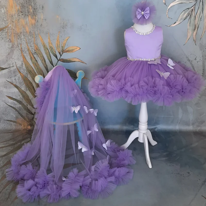 Purple Flower Girl Dresses Tulle Butterfly With Bow And Tailing Sleeveless For Wedding Birthday Party First Communion Gowns