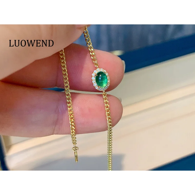 

LUOWEND 100% 18K Yellow Gold Bracelet Elegant Oval Shape Shiny Diamond Natural Emerald Bracelet for Women High Birthday Gift