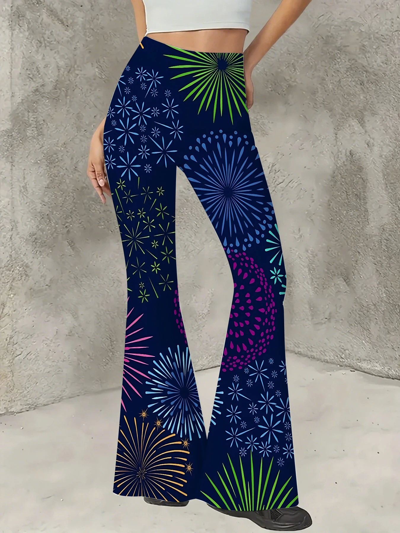 

Retro Printed Flare Pants Women High Waist Polyester Knit Bell Bottom Trousers
