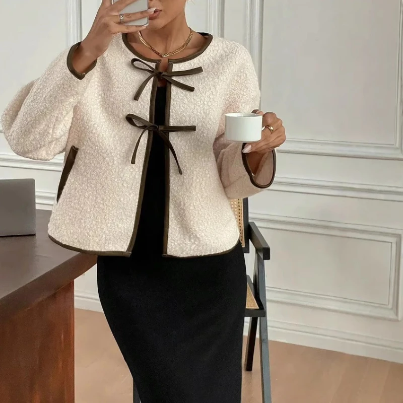 

Women's New Fashionable and Versatile Round Neck Bow Tie Tie Temperament Casual Loose Jacket