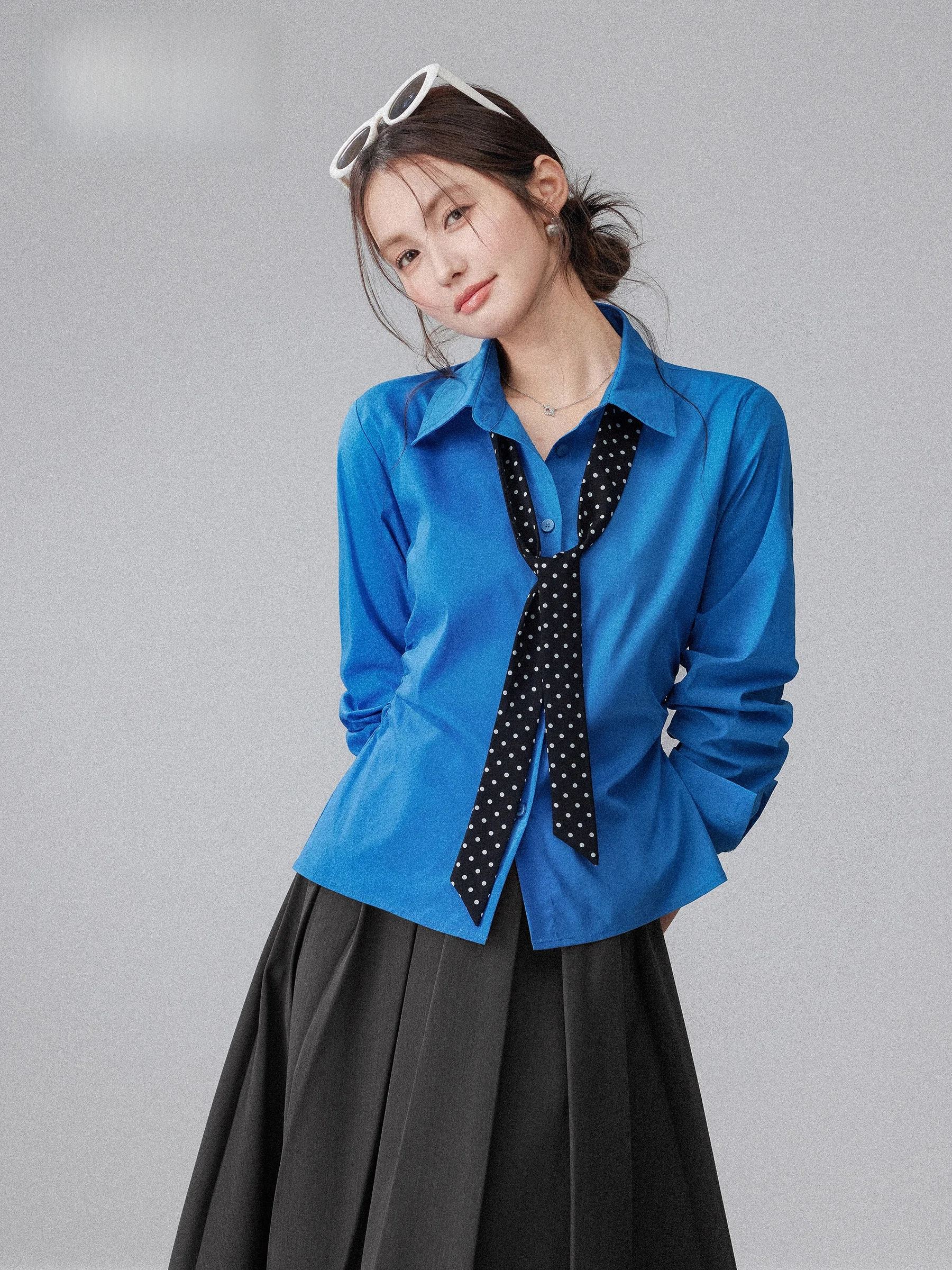 

Женская рубашка цвета Кляйн синий с эффектом утяжки на талии, многослойный дизайн, весна-лето, повседневный стиль, с длинным рукавом, синий топ для бизнеса