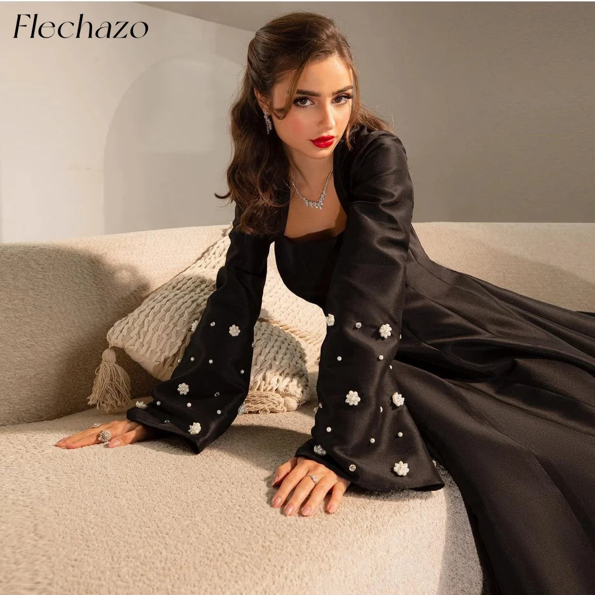 

Flechazo Black Satin Prom Dresses Full Sleeves A Line Flower Beads Floor-Length Party Dress For Women 2024 فستان حفلات الزفاف