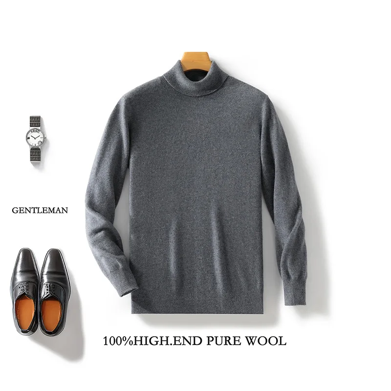 Sweter Lengan Panjang Wol Merino 100% Fashion Pria Atasan Pakaian Warna Solid Hangat Nyaman Kasual Kasmir Pullover Turtleneck