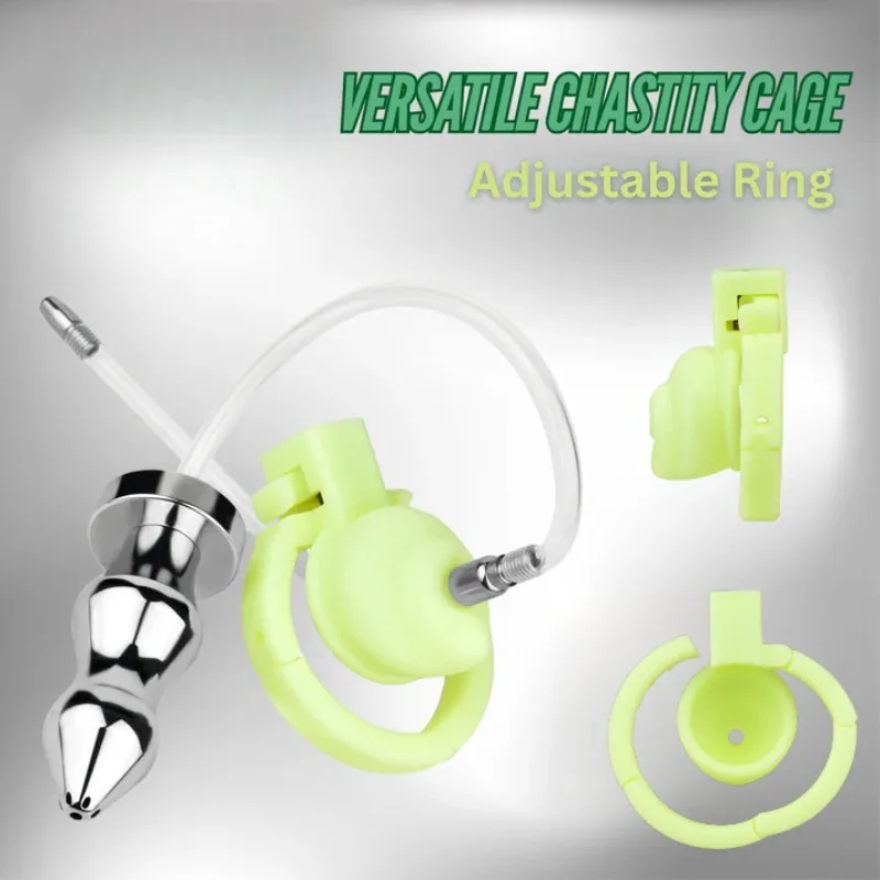 Versatile Resin Chastity Cage with Adjustable Ring Detachable Butt Plug Anti-derailment Male Chastity Belt Urine Enema Sex Toys