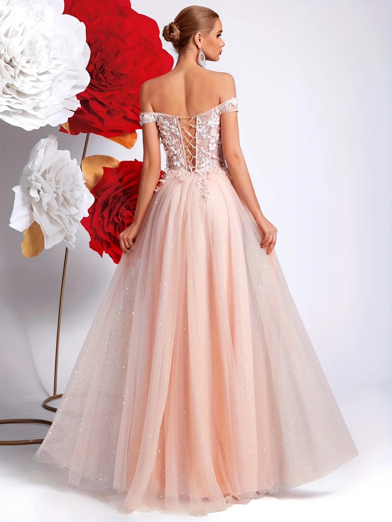 Tiulowe sukienki na studniówkę z odkrytymi ramionami, w kształcie litery A, z aplikacjami, koralikami, kwiatami 3D, brokatem, sukienki wieczorowe na Boże Narodzenie, sukienki na konkurs piękności dla dziewczynek.