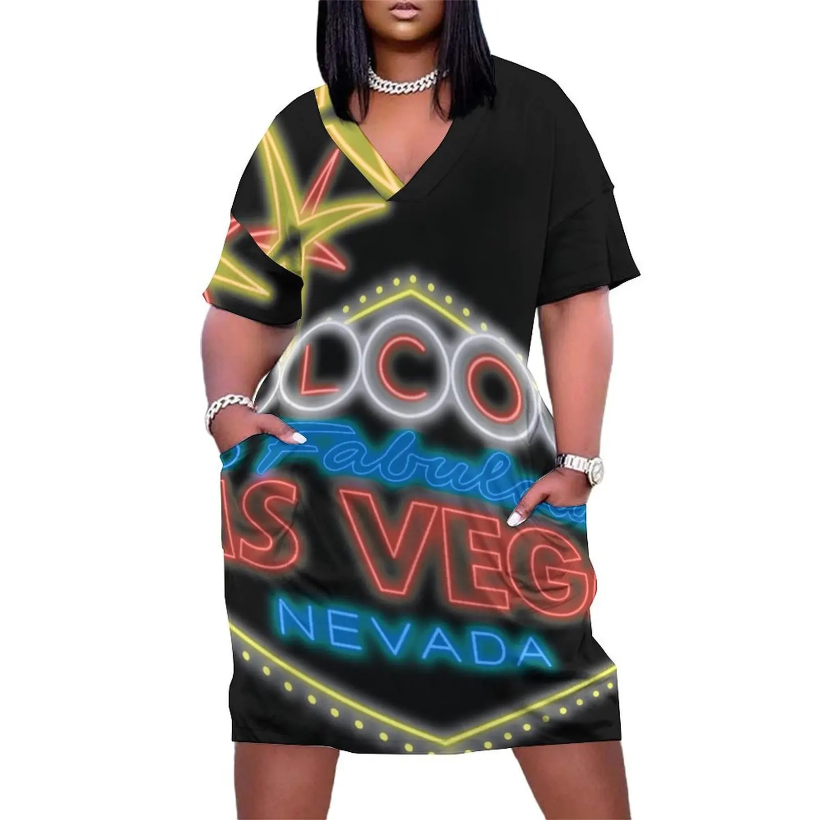 

Welcome to Las Vegas sign digital drawing night Loose Pocket Dress chic and elegant woman dress