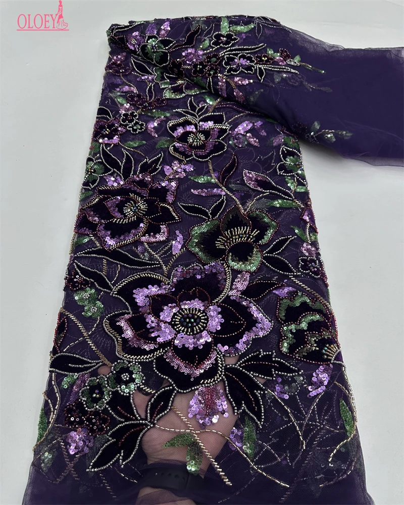 OLOEY  Luxury Velvet Lace Fabric Beaded High Quality  Nigerian Beaded Lace Fabric Fashion Sequins African Laces Fabric For