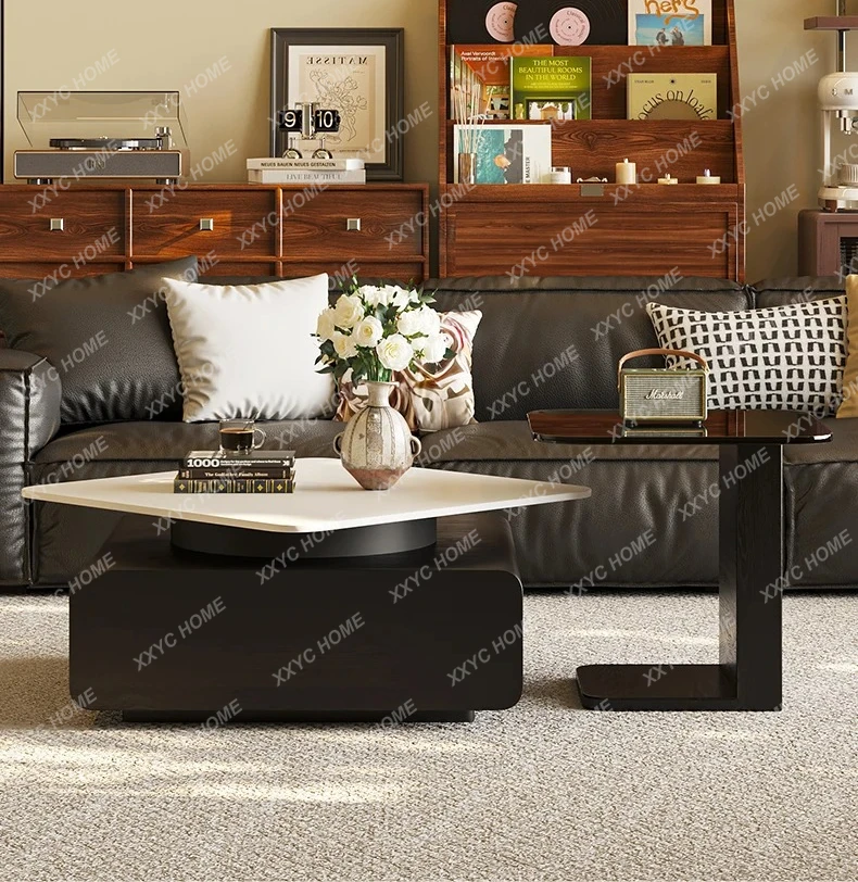white rock slab coffee table  rotatable square solid wood tea table