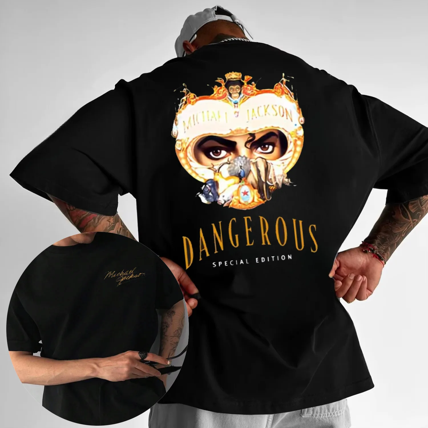 الصيف مايكل جاكسون المشارك تي شيرت مع الوجهين المطبوعة الزهور الرجال القطن موضة تي شيرت ريترو قصيرة الأكمام قميص #1