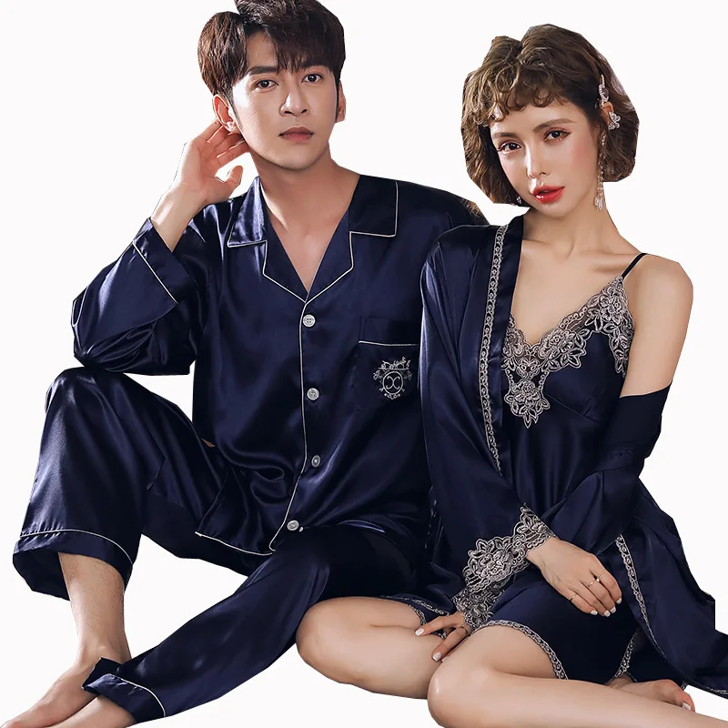 Couple Pajamas Suit Men Women Summer Ice Silk Thin Skirt Robe Spring Long-sleeved Home Clothing Lovers Loungwear Male Female