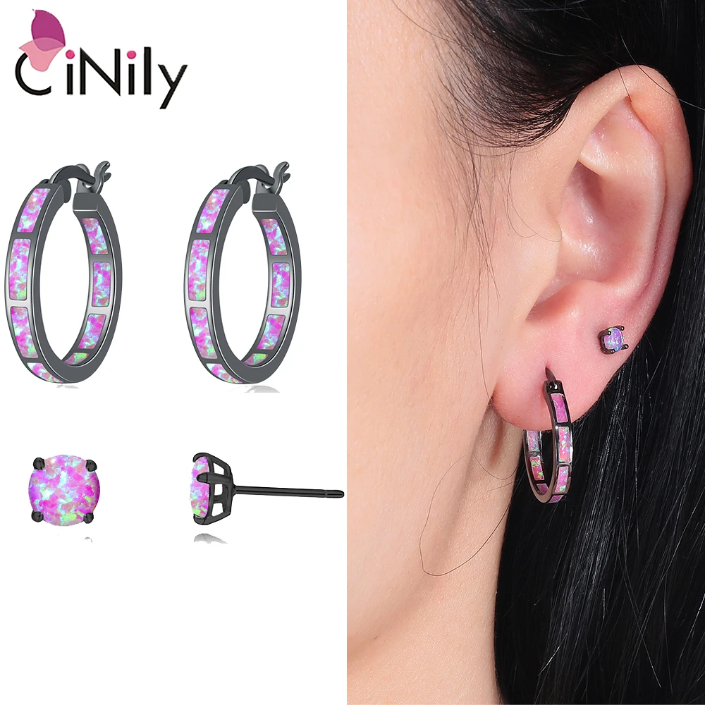 CiNily Multi-color Optional Opal Stud Earrings for Women Girls Rose Gold/Silver Plated Circle Punk Earrings Gemstone Jewelry Set