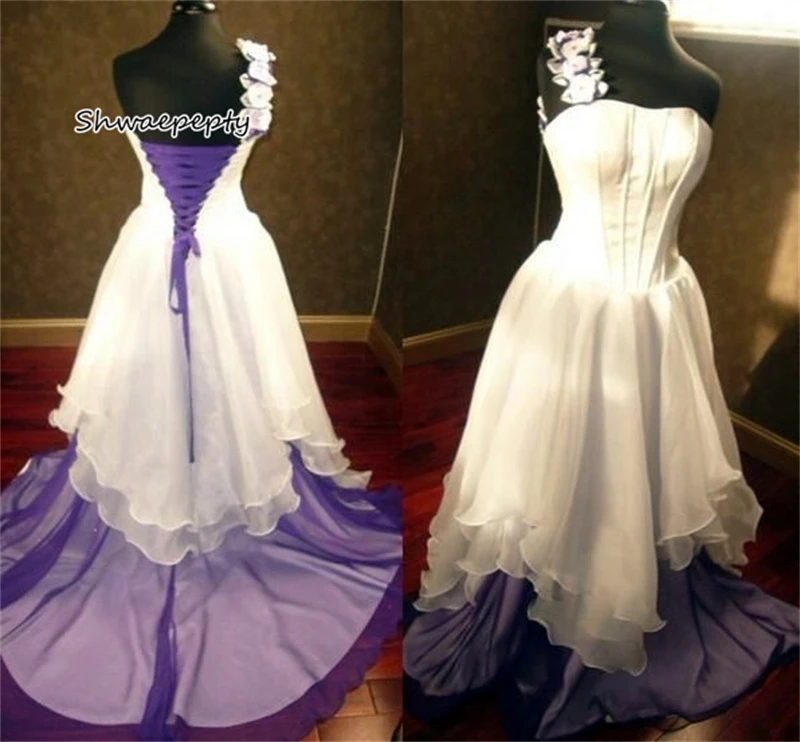 One Shoulder Chiffon Country Wedding Dresses Court Train White And Purple A-Line Corset Boho Bridal Gown Customized