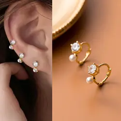 2023 New Gold Color Pearl Zircon Small Hoop Earrings Womern Korean Copper 6/8/10mm Piercing Earring Fashion Wedding Jewelry