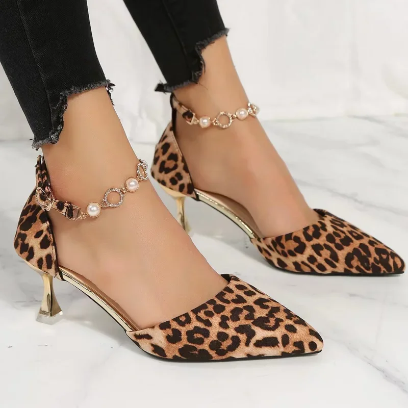 Leopard Print High Heel Shoes for Women 2023 Large New Sexy European and American Strap Hollow Shoes