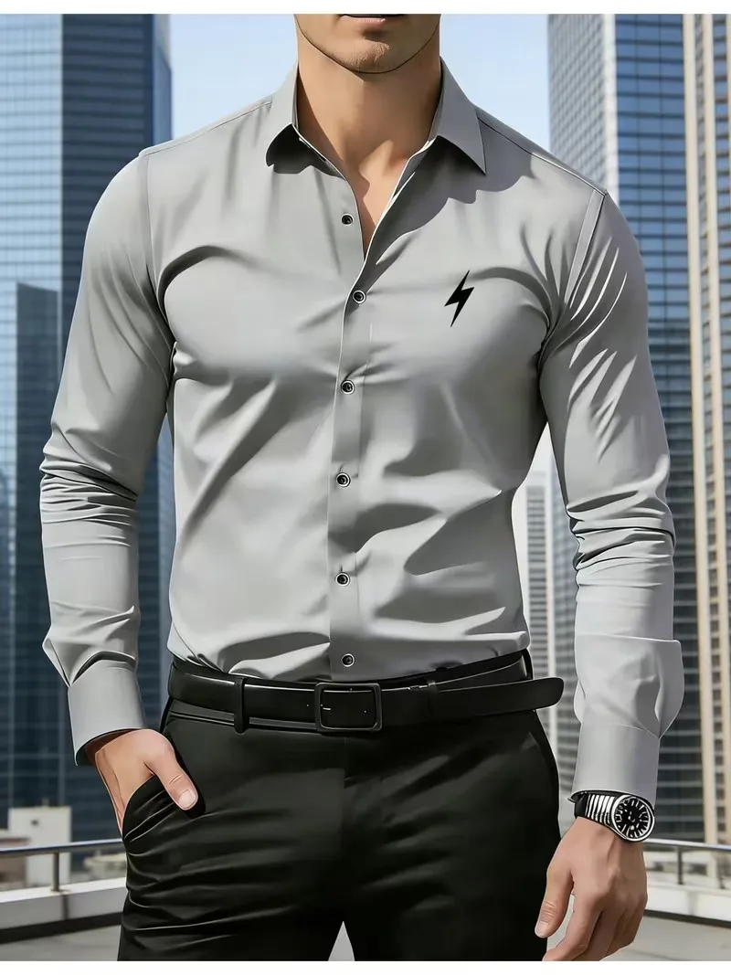 

Men's Loose Fit Business Casual Formal Shirt Lightning Print Luxury High Quality Minimalist Design for Business Commuting