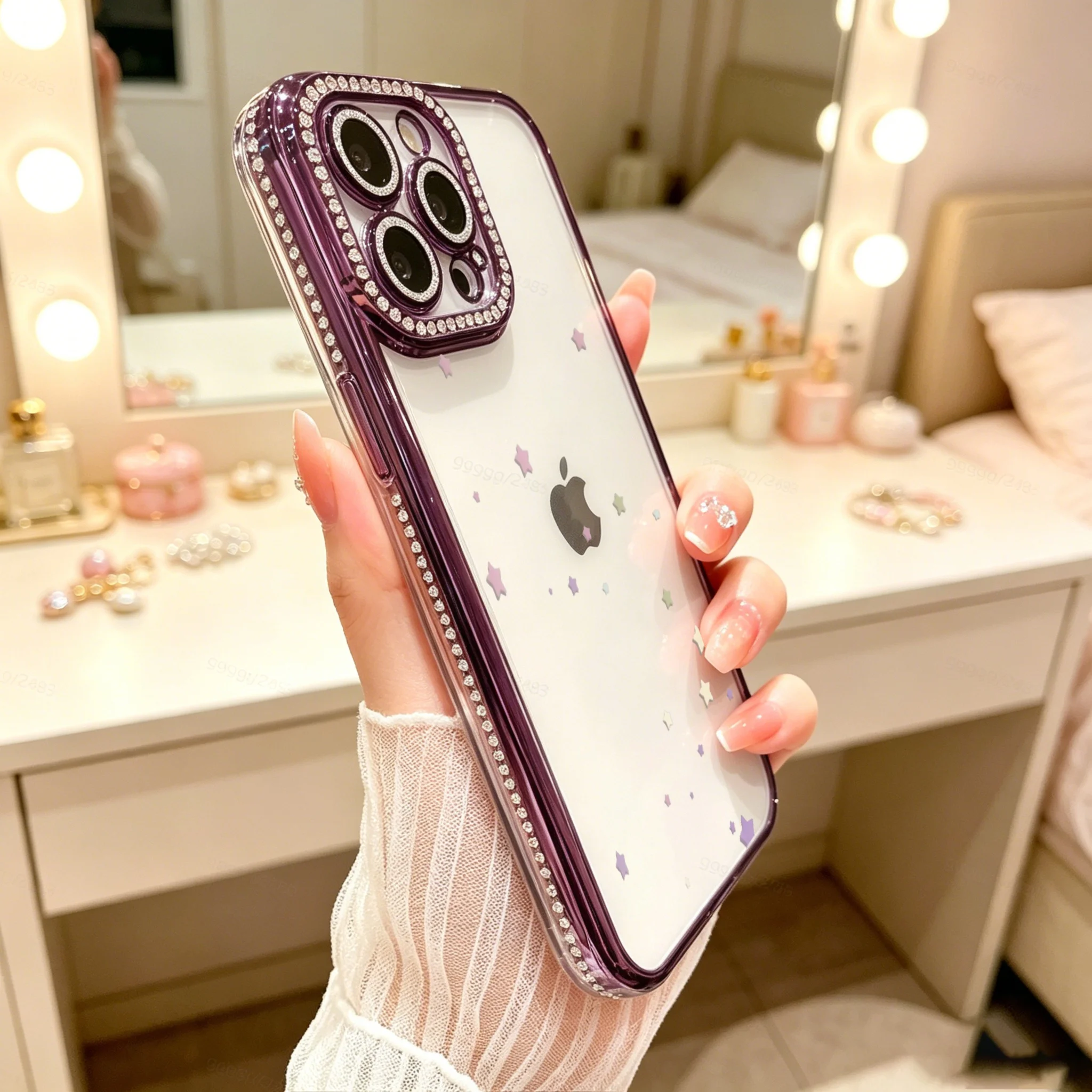 Diamond Electroplated TPU Phone Case for iPhone,  Luxury Glitter Phone Case, Purple Rhinestone Camera Frame With Star Pattern  , Luxury Glitter Rhinestone Frame, Built-in Lens Protector, Anti-Slip Shockproof Clear Cover view 2