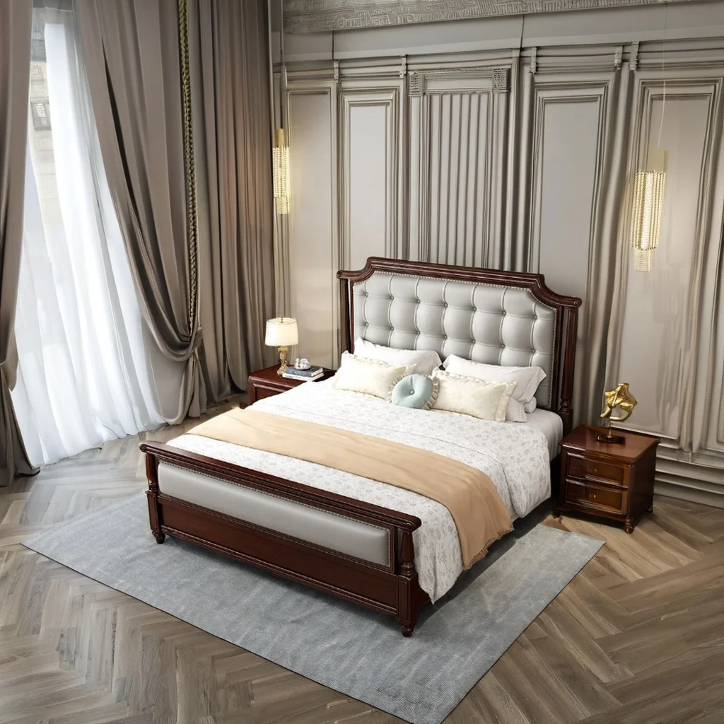 

#Exquisite Modern Style Luxury Bedroom Furniture American Country Design Master Double Bed With Microfiber Storage Panel Wood