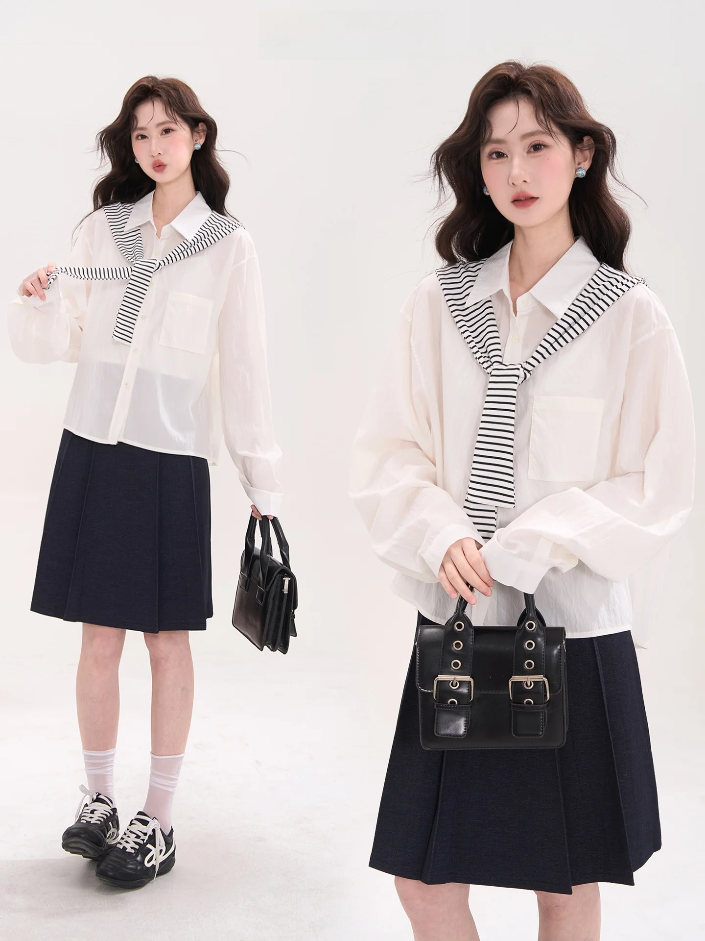 

Heme Commuter Sle Striped Hooded awl Long Sve Women's irt Two-Piece Set Spring Faion Korean Straight Cut Polyester...