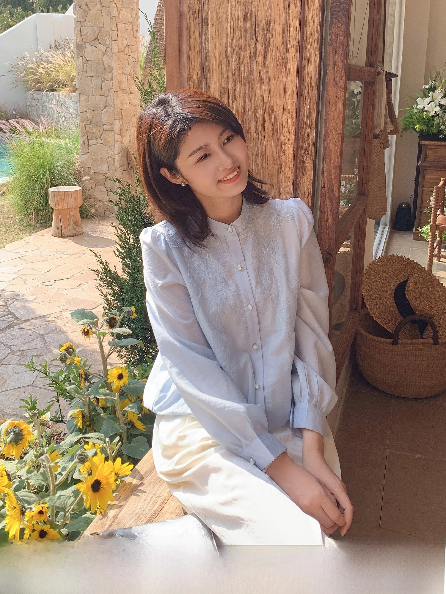 

Женская блузка Zillal с кружевными вставками и воротником-стойкой, омолаживающий дизайн, весна 2025, французский стиль, свободный крой, длинный рукав, чистый хлопок