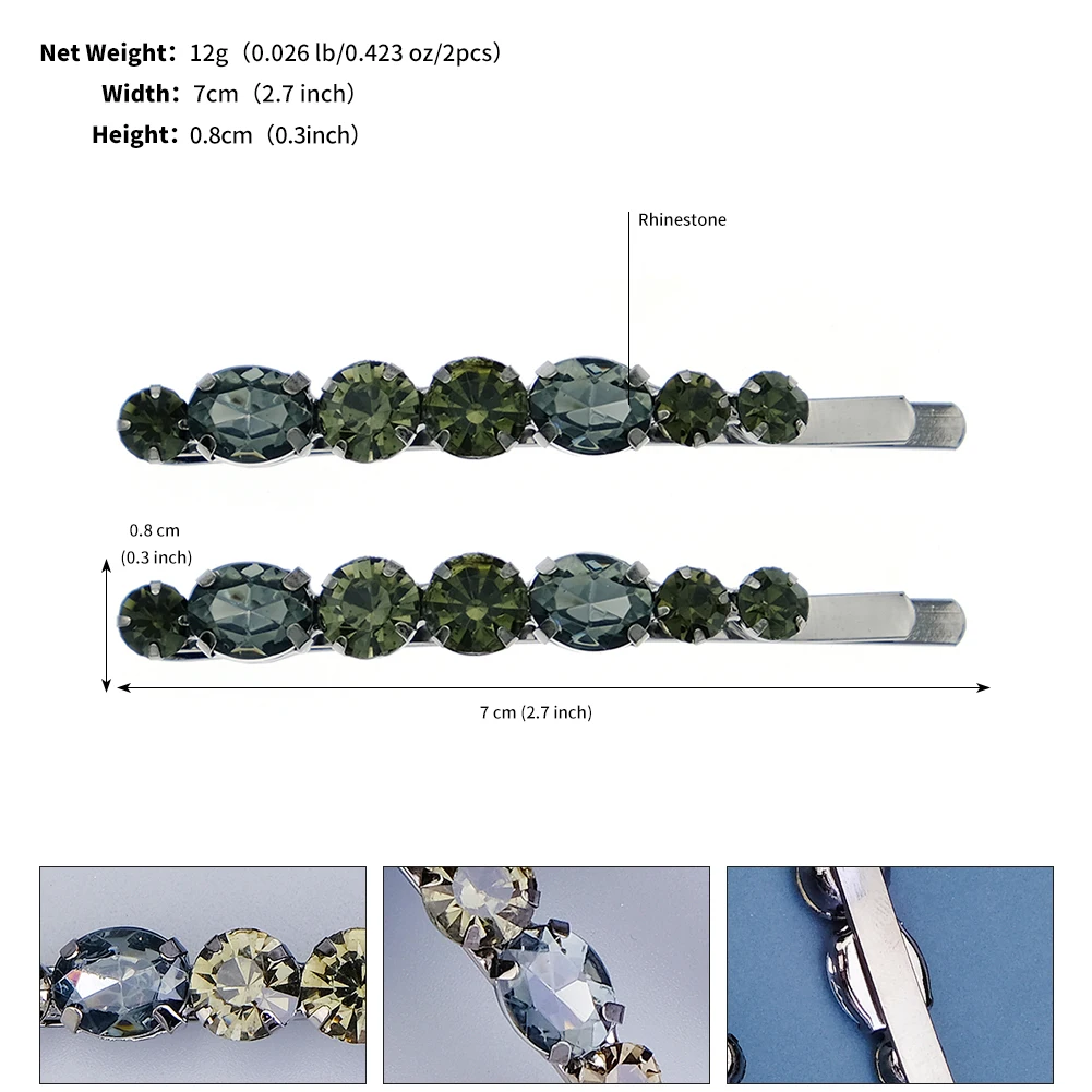 2pcs Vintage Smoky Grey Crystal Hair Clips for Women Retro Black Rhinestone Bobby Pins Geometric Barrettes Winter Hair Accessory view 6