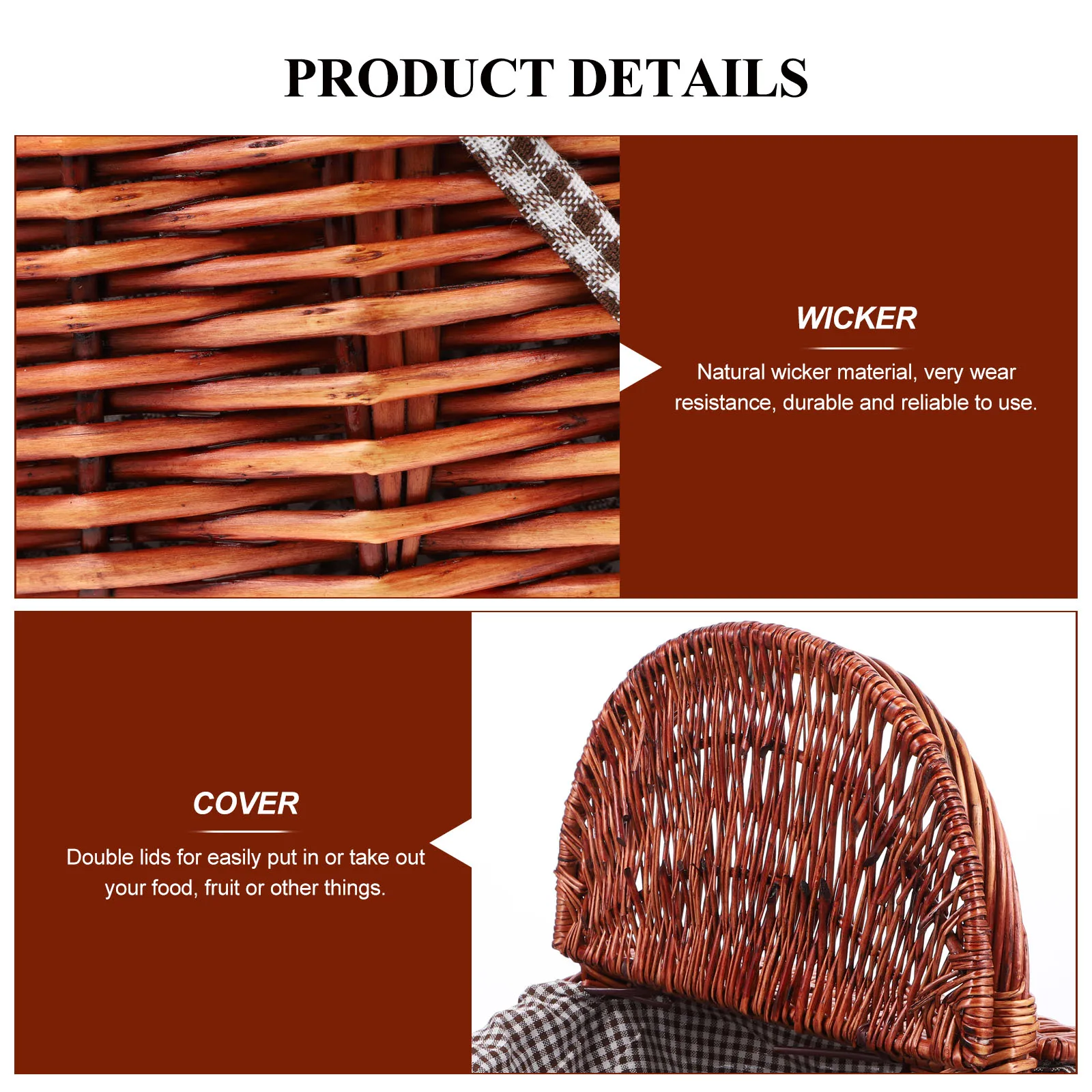 

Wicker Picnic Basket Large Capacity Kitchen Vegetable Fruit Storage Baskets Red Check Woven Durable Double Lids
