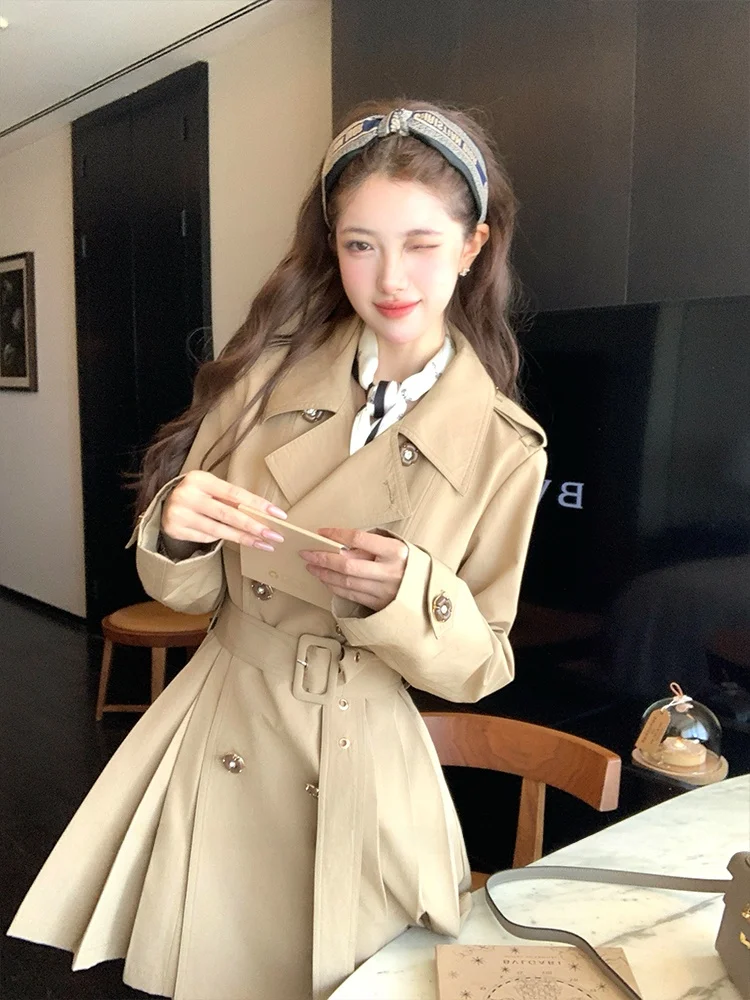 

i Color Waist-Cinching Medium-Length Women's Windbreaker Coat Autumn Retro Ele High-End Feel Cotton Polyester Blend