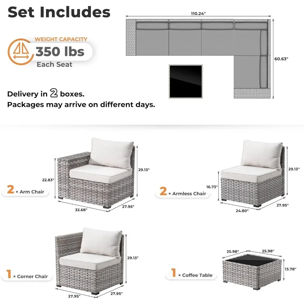 Conjunto de móveis de pátio sofá secional ao ar livre com almofadas confortáveis e assento profundo, conjunto modular moderno de conversa de vime e rattan