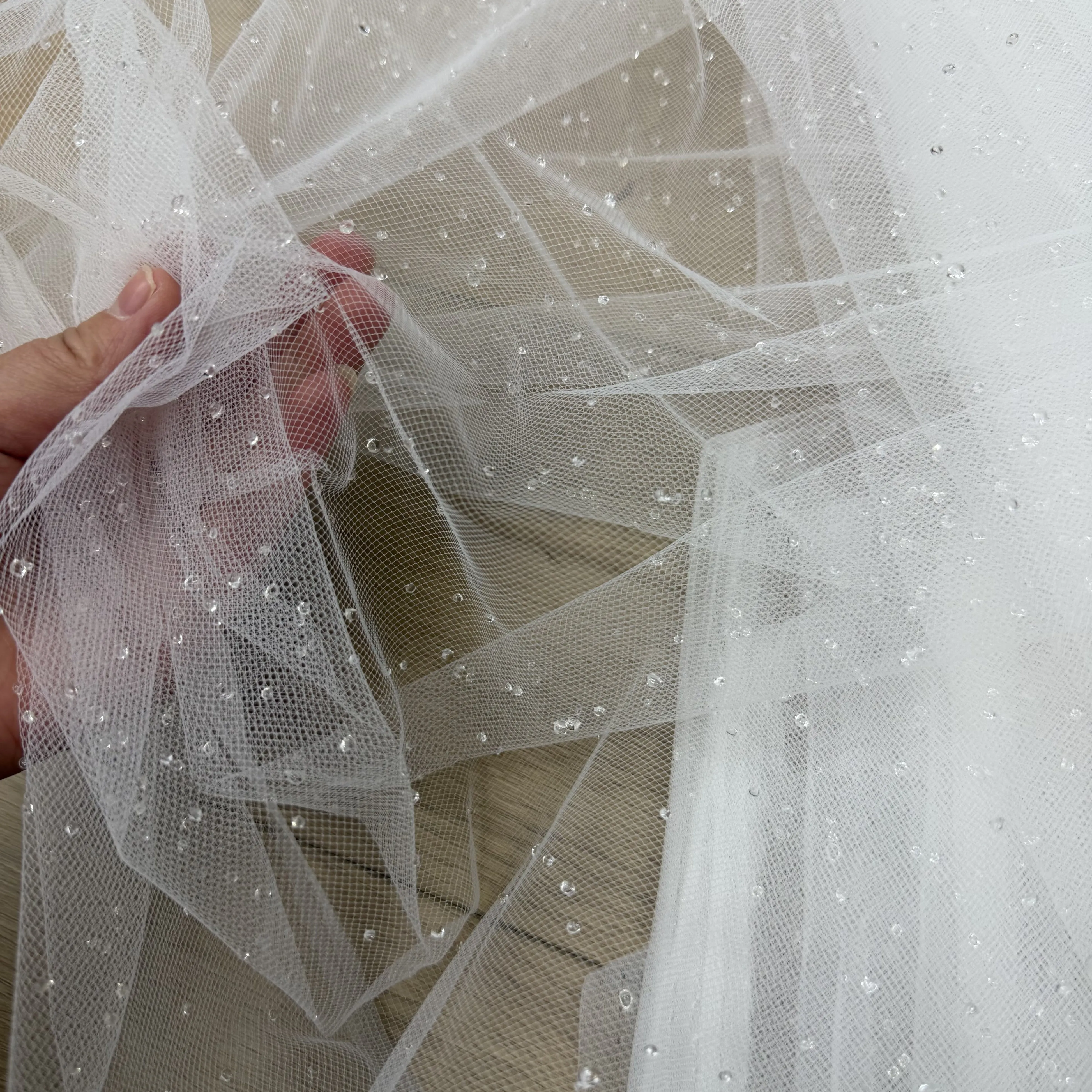 Transparent Milky White Water Drop Sequin Gauze Fabric Draping for Wedding Dress Voile Medium Hard Tulle Tutu Background Fabric