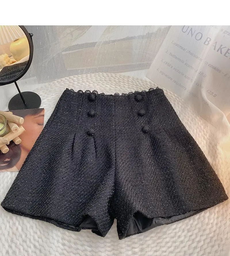 ​​Lace Trim Tweed Women's High Waist Wide Leg Pants Fall Winter Elegant Casual Comfort Trousers​​