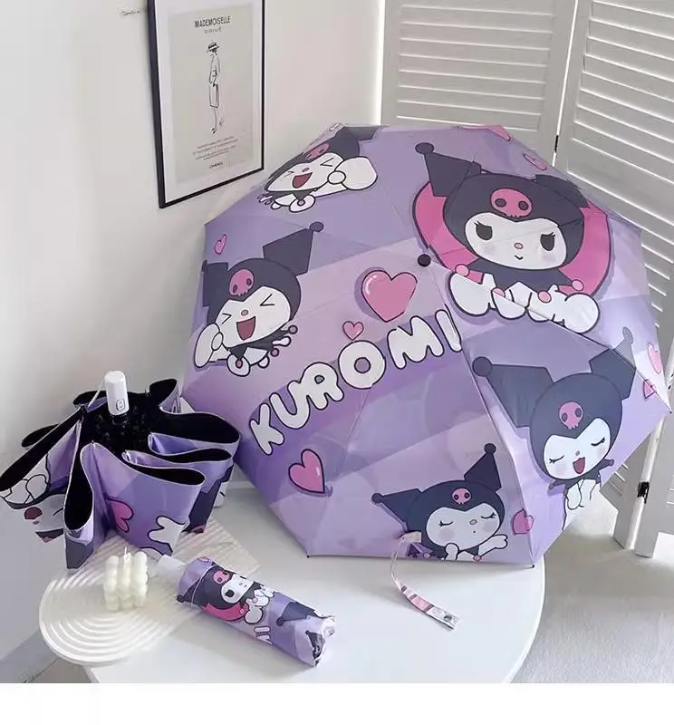 

Sanrio Automatic Folding Umbrella UV Protection Cartoon Kuromi Design Sunny Rainy Dual-use Sunshade Women's Gift