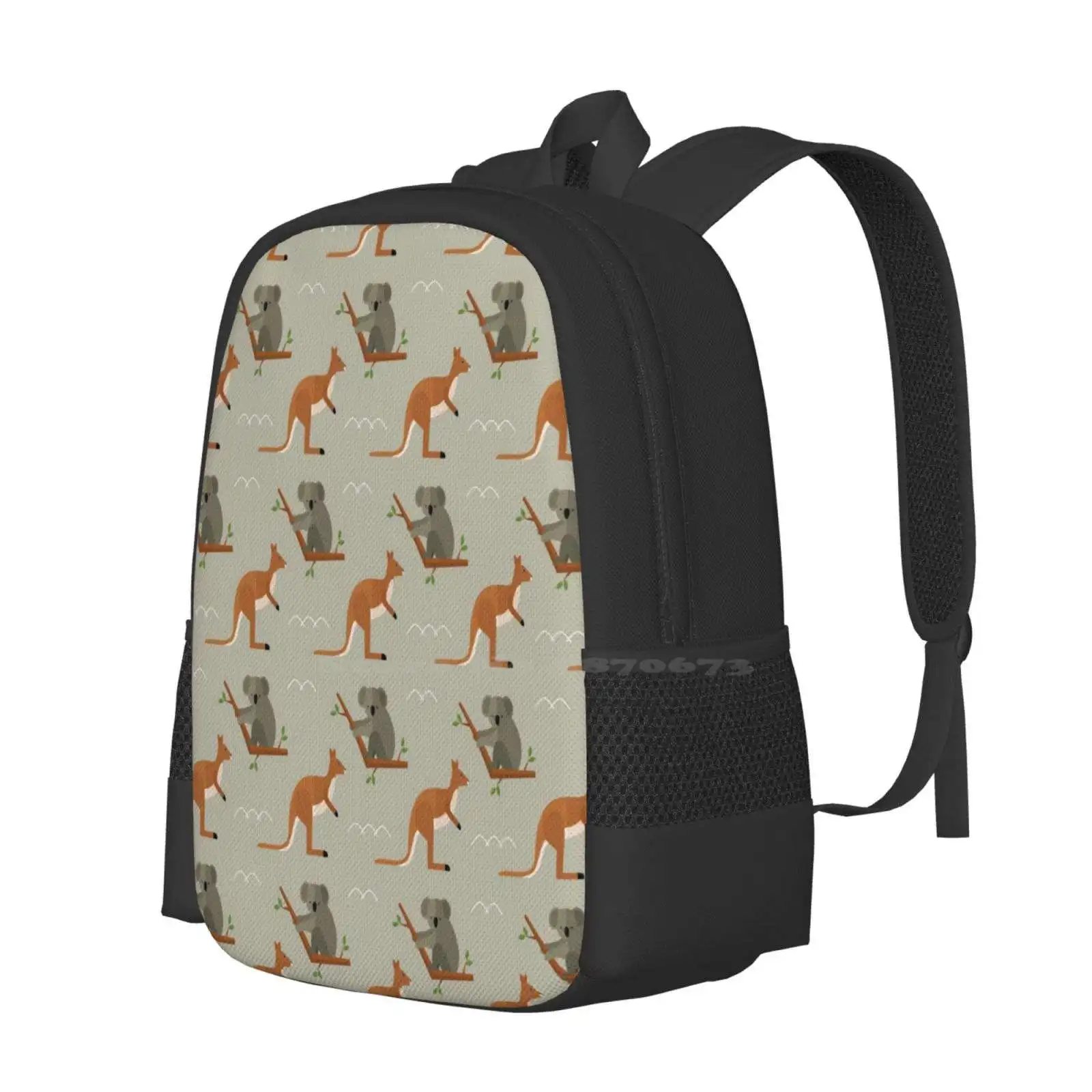 Outback Adventures Hot Sale Backpack Fashion Bags Graphic Design Pattern Vector Outback Australia Koala Kangaroo Animal Grey