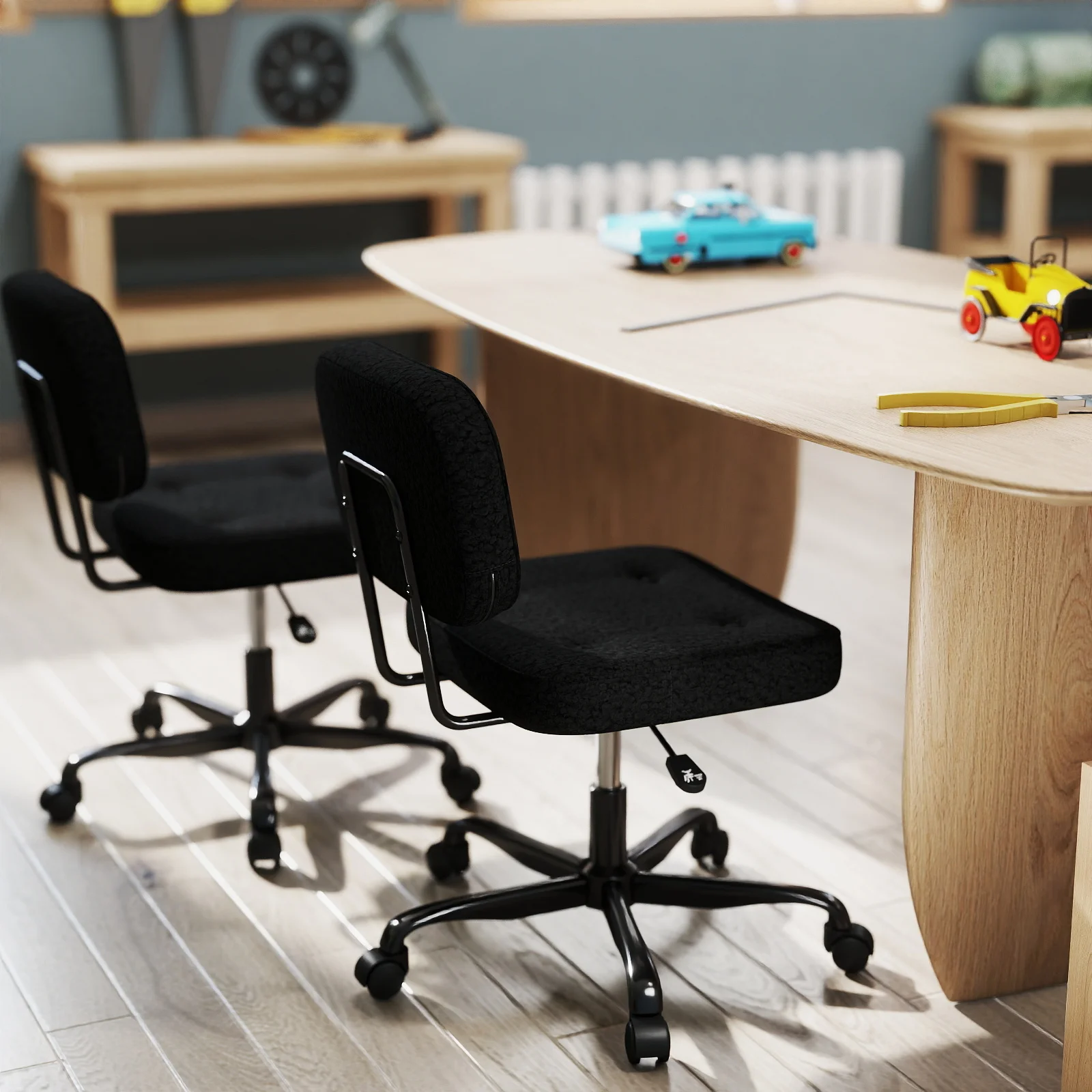 Cadeira de escritório sem braços com assento largo, cadeira de mesa para computador doméstico, almofada espessada, couro pu, giratória, estofada