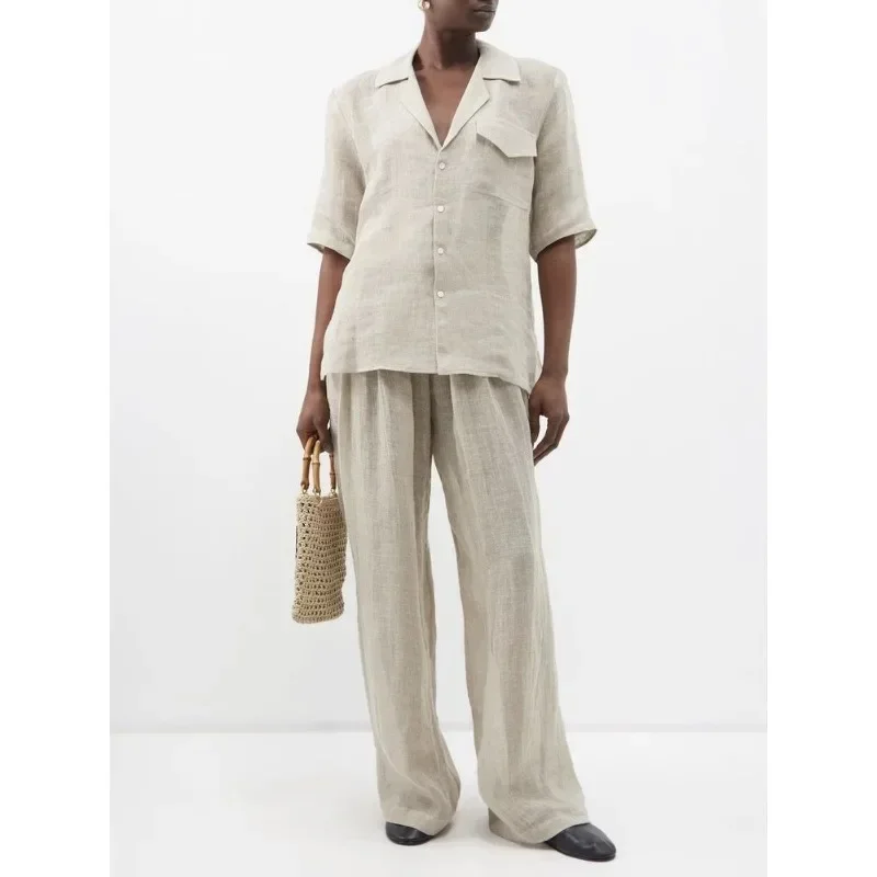 

LA@ Casual Pants 2024 Spring/Summer New Casual Commuter Linen Basic Shirt Top Versatile Pants Set