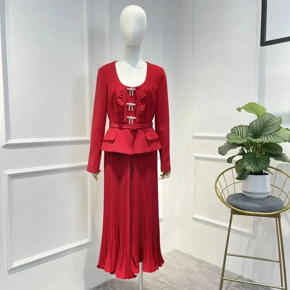 

Red Dress Elegant Long Sleeve Vintage Frilled Ruched Pleat Faux Clothes for Woman 2024 Fall Heavy High Quality