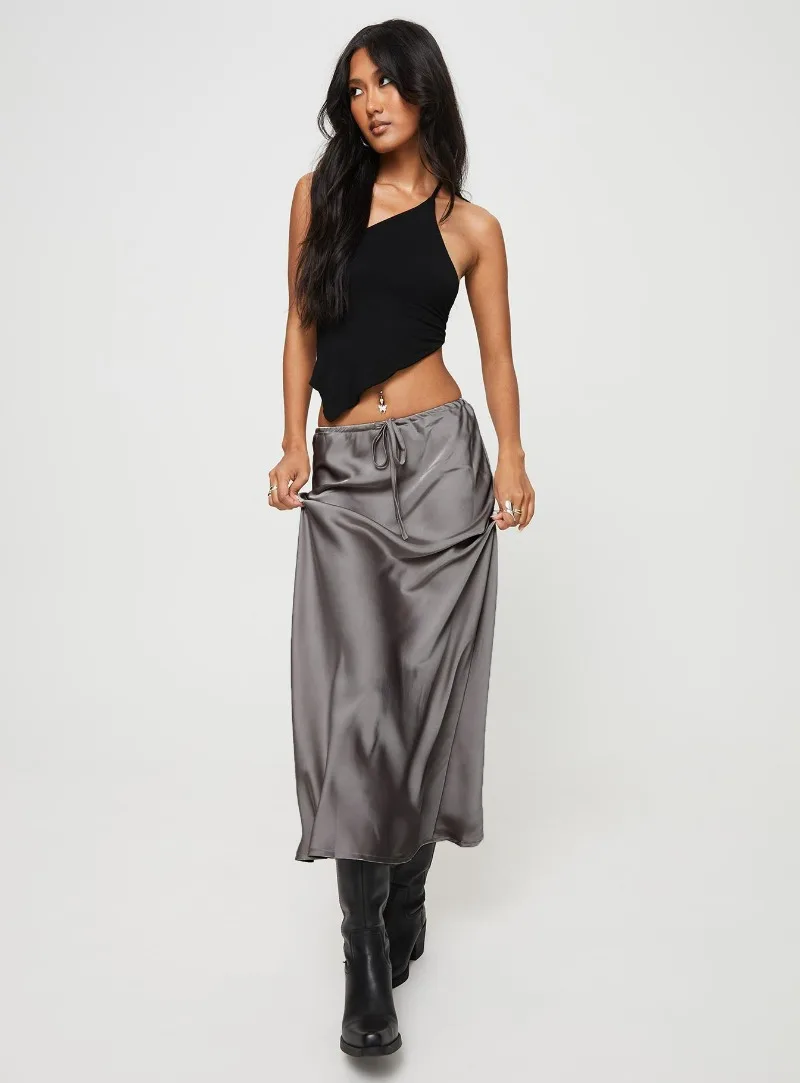 2026 Spring Summer Solid Color Satin Long Skirt For Women High Waist Lace-Up Fashion Elegant Faldas Light Luxury Women's Skirt
