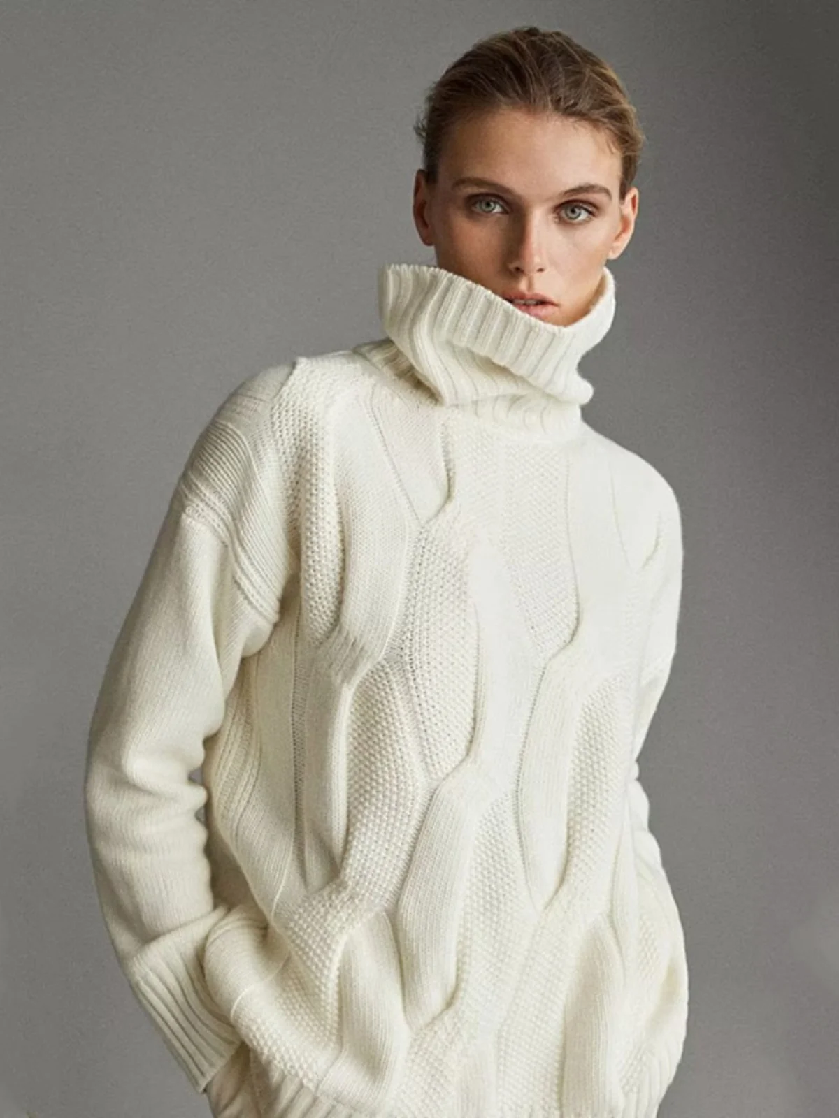 

MD Women's High Ne Knitted Sweater Winter New Arrival Warm Lazy Straight Wool Blend Twist Flower Design Base Layer Top