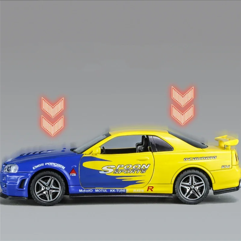 1:32 Nissan Skyline Ares GTR R34 lega modello di auto sportiva pressofuso giocattolo in metallo modello di auto da corsa simulazione suono luce regalo per bambini