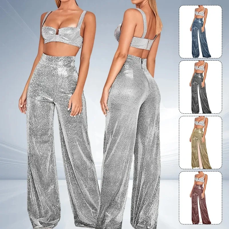Metallic Sparkly Wide Leg Pants Women Elastic High Waist Glitter Sequin Pants Casual Loose Party Clubwear Long Trousers