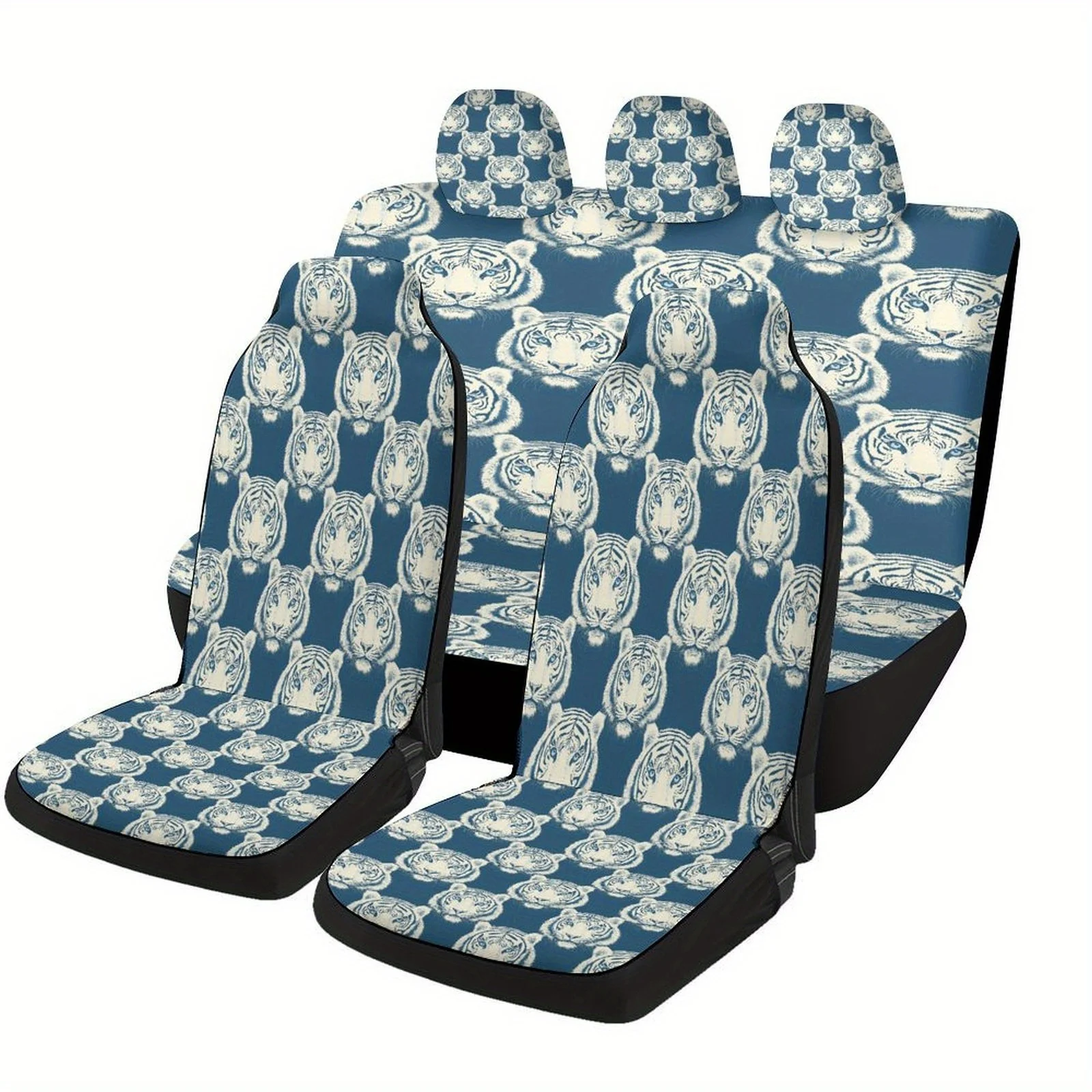 Set Of Car Seat Covers Featuring A Tiger Pattern, Suitable For A Variety Of Vehicles. Stylish And Unique, This Complete Set Incl