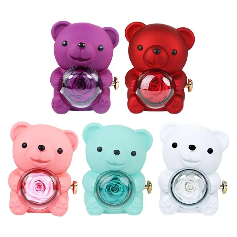 Preserved Real Roses in Bear box Acrylic Cartoon Flowers in Bear with Double Heart Necklace Decorative Jewelry Box holiday gifts