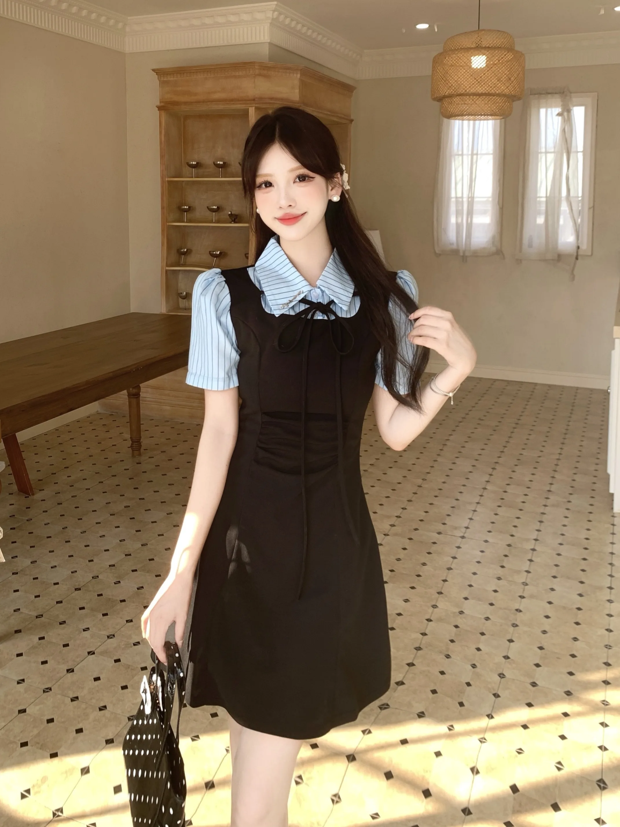 

plus Size Blue College Sle Dr Women's Summer New Waist Cinching A-Line Skirt Knot Fake Two-Piece Dr