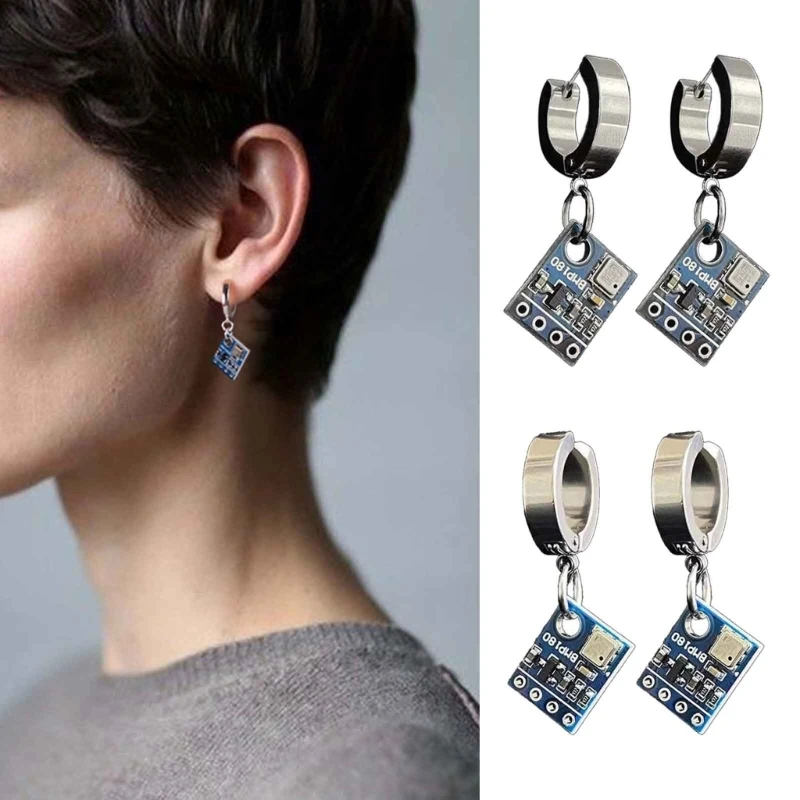 Cyberpunk Colorful Circuit Board Earrings Stainless Steel Hoop Earrings For Men Women Unique Earrings Party Jewelry