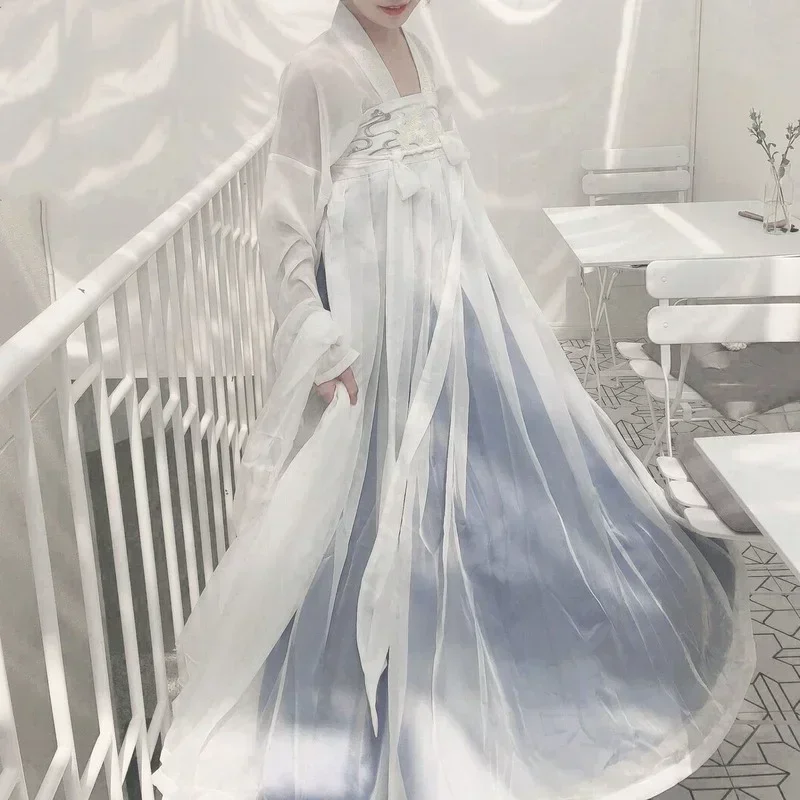 

Винтажные костюмы для косплея Hanfu с вышивкой, женское шифоновое платье принцессы без рукавов, традиционная китайская танцевальная одежда династии Тан