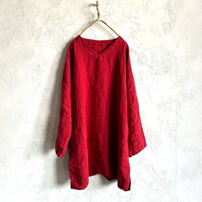Long Sleeved Mid Length Femme Cotton Linen T-shirt Women Handmade V Neck Loose Simple Side Split Causal Trendy Top Harajuku