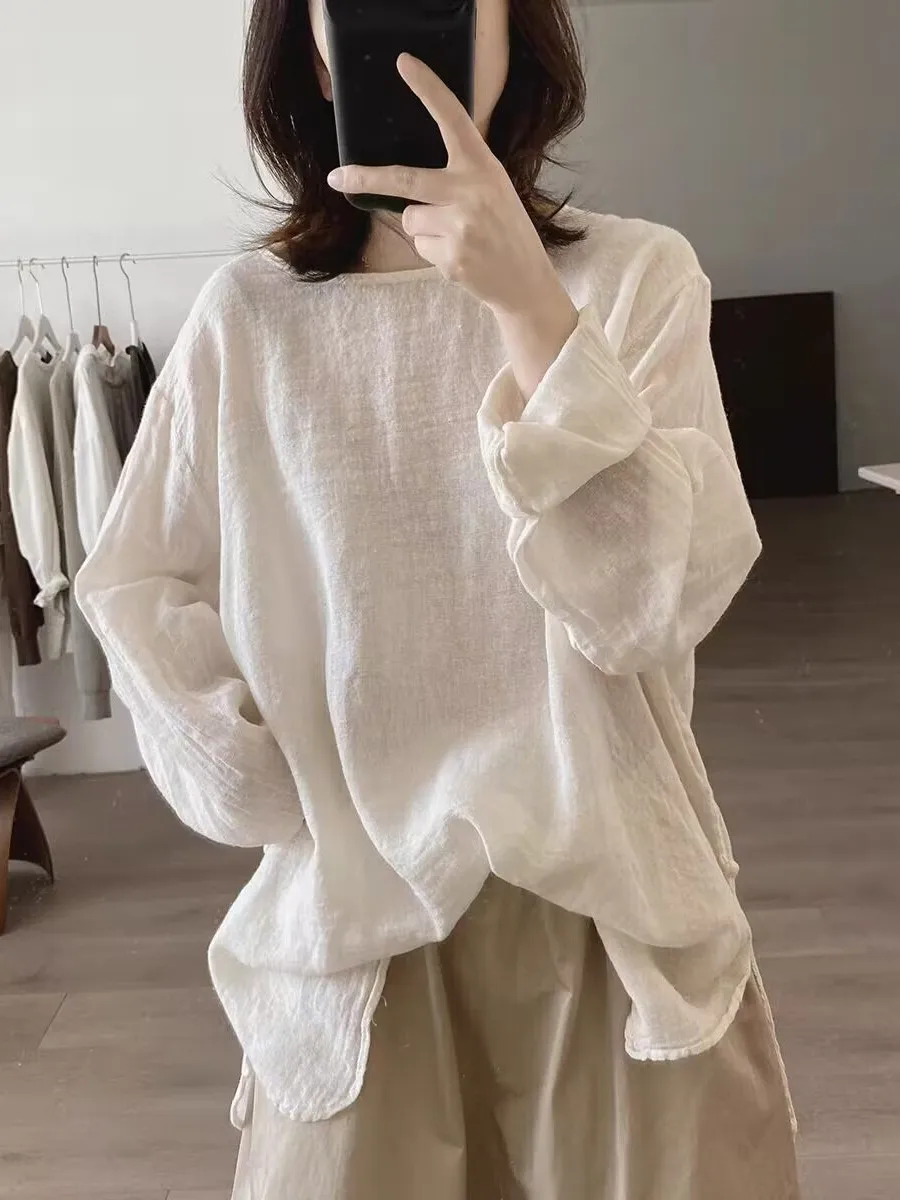 

Весна 2026: Новая коллекция! Однотонный льняной топ с длинным рукавом и круглым вырезом, повседневный, универсальный, стройнящий, для женщин больших размеров.