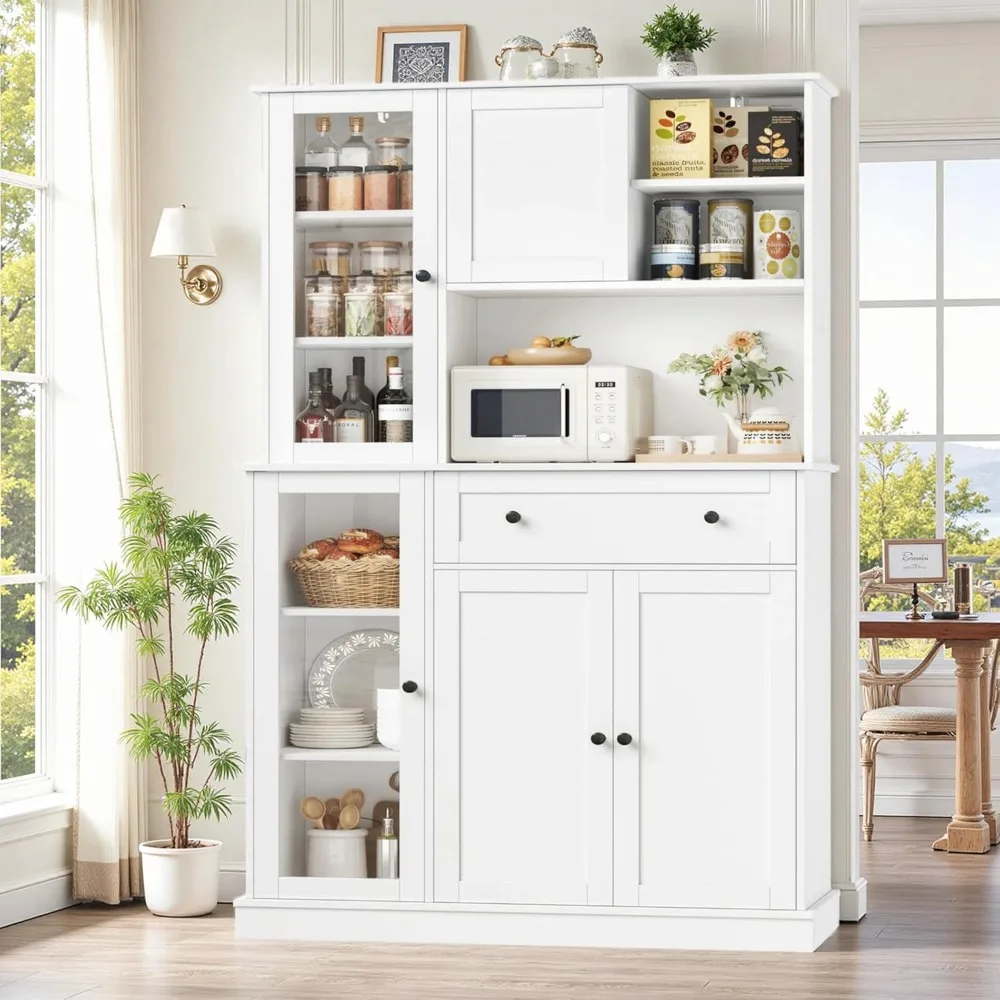 Contemporary Tall Kitchen Pantry Cabinet with Sliding Door, Storage Hutch for Microwave and Kitchenware